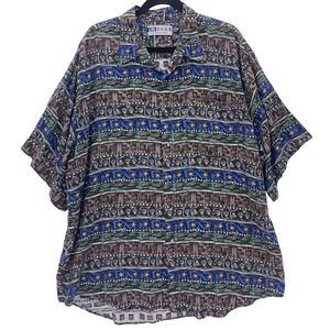 Untied 90sBlue Abstract Shell Print Button Down Shirt XL Short Sleeve Vintage